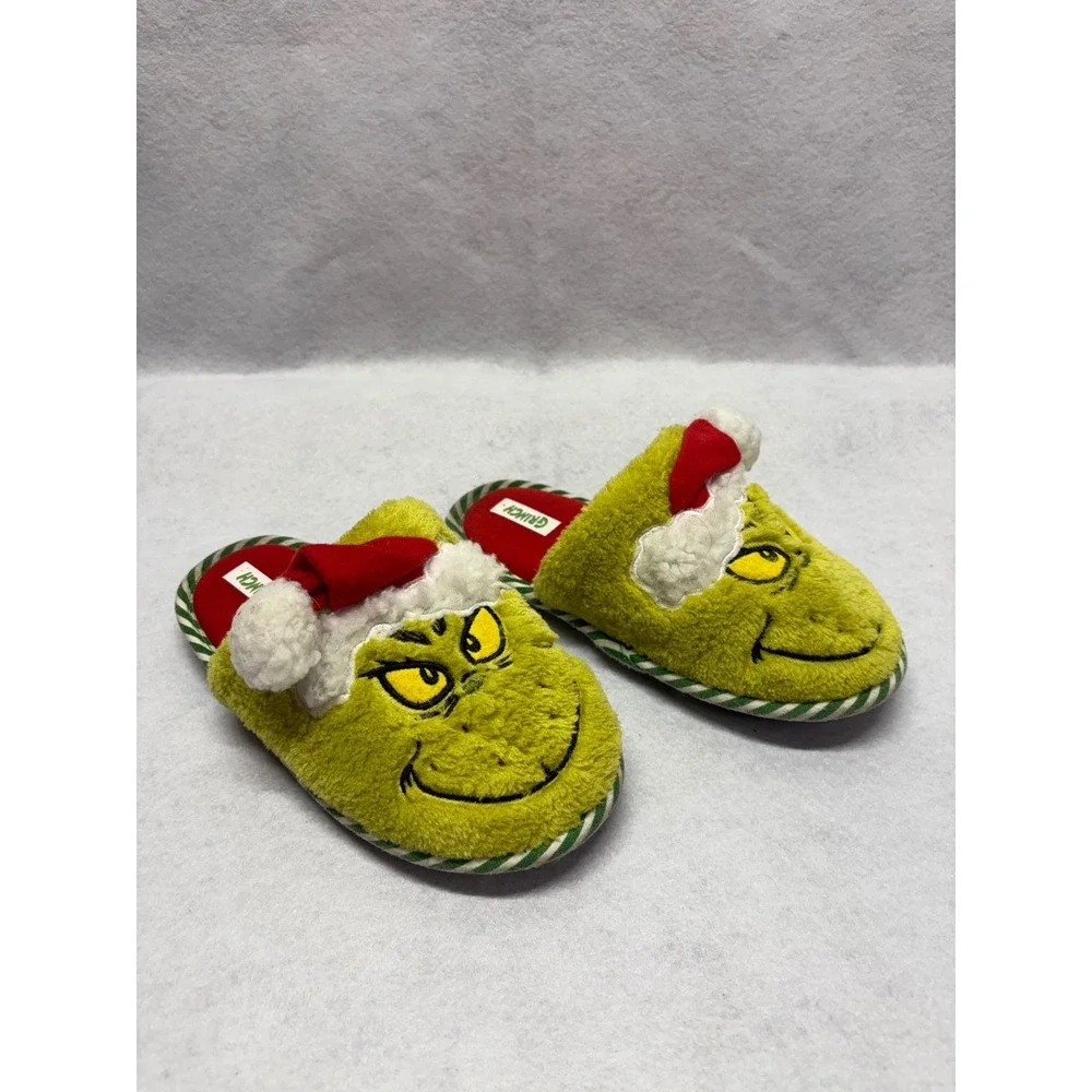 Dr Seuss The Grinch Christmas‎ Plush Slippers Green Red Santa Hat Kids Size 13-1